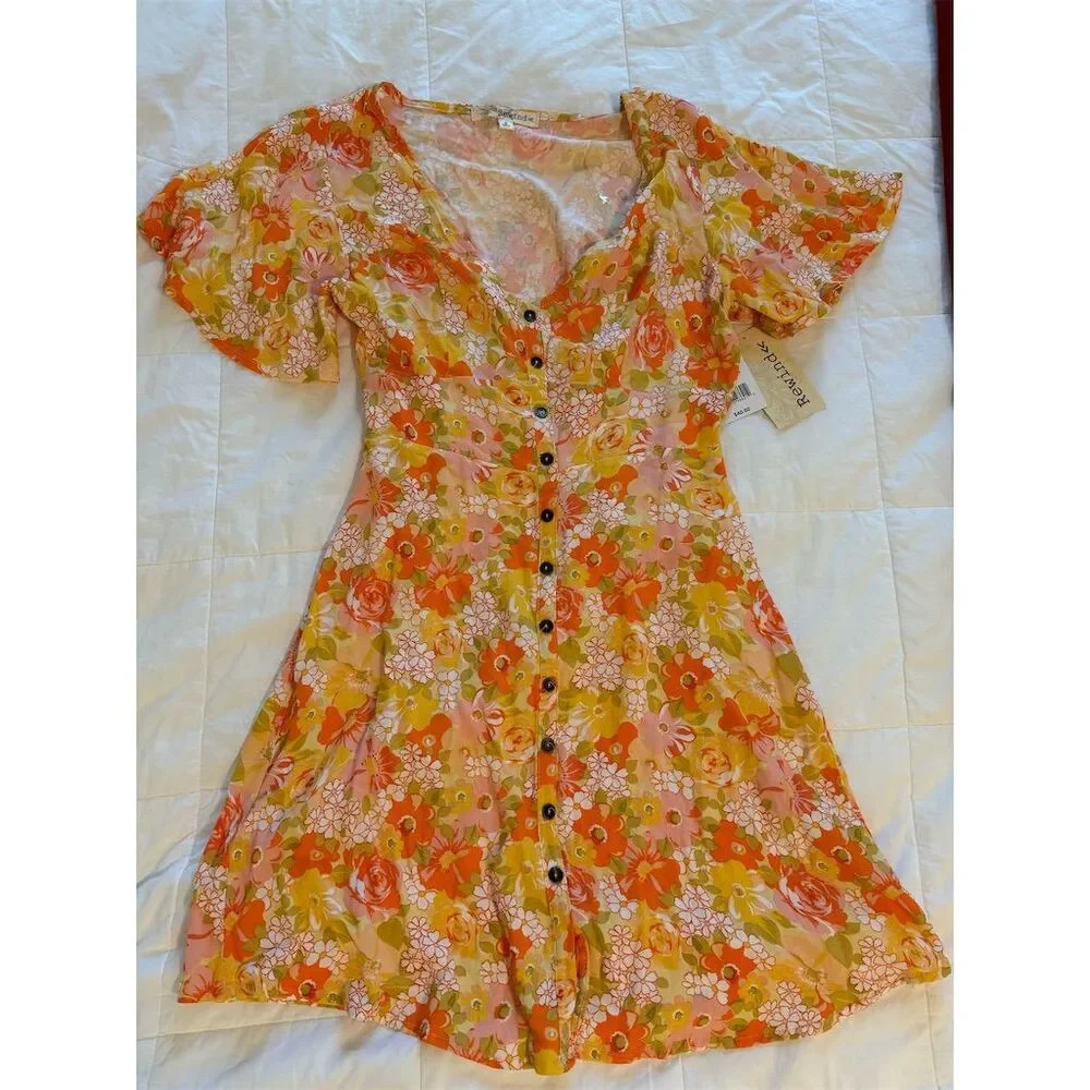 Rewind Womens Small Orange & Yellow Floral Mini Dress Fit Flare Short Summer NWT